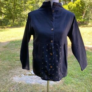EASTERN SERENITY JACKET BLACK COTTON GRAY PRINT MANDARIN COLLAR BUTTON FRONT S